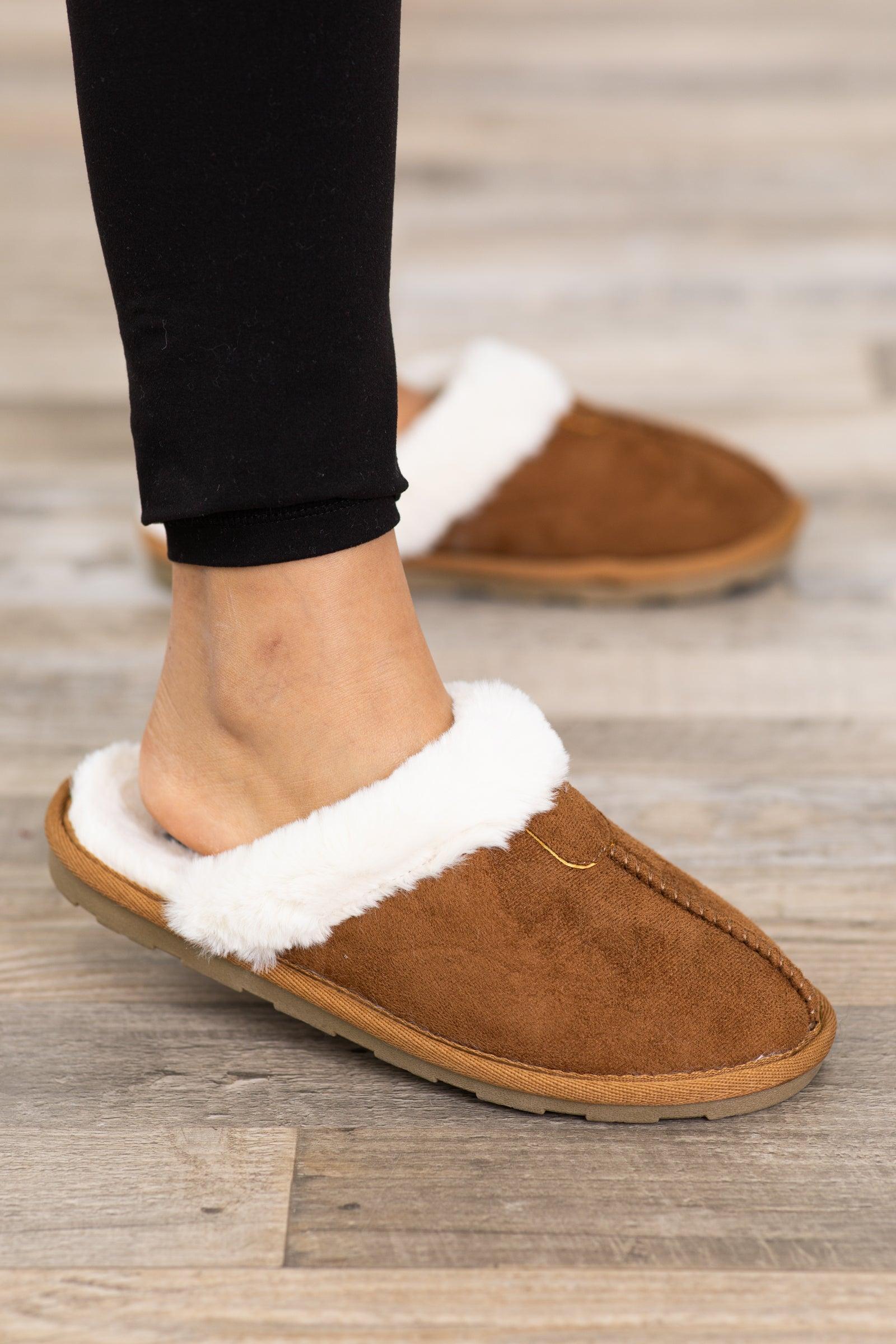 Camel Faux Fur Lined House Slippers Product Image