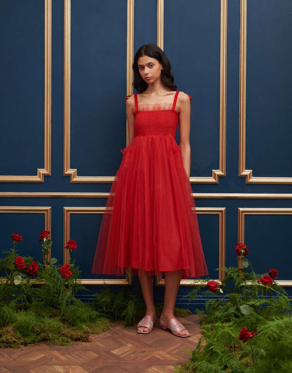 Dream Sister Jane bow shoulder tulle midi dress in red Product Image