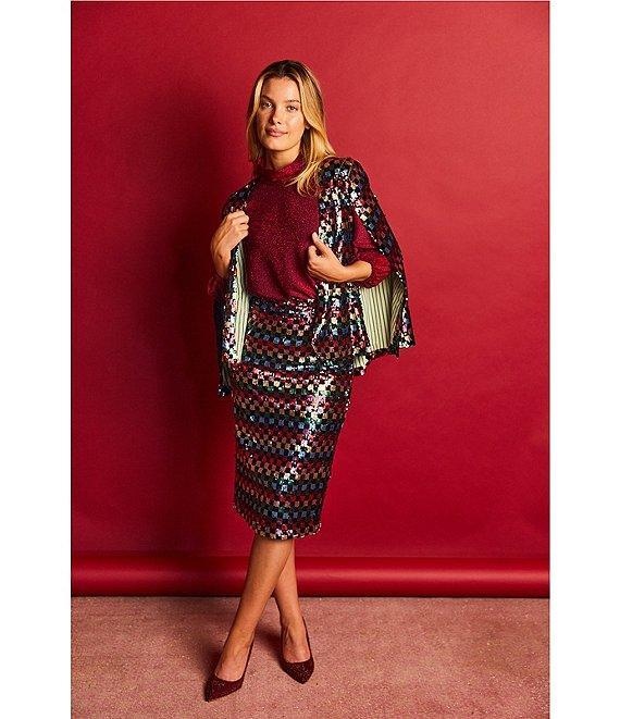 Buru Mod Woven Metallic Mock Neck Long Puffed Sleeve Cropped Coordinating Top Product Image