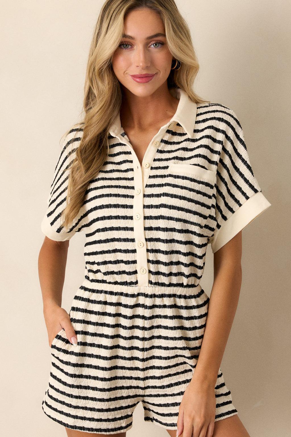 Mosaic Monochrome Black Stripe Button Front Romper Product Image