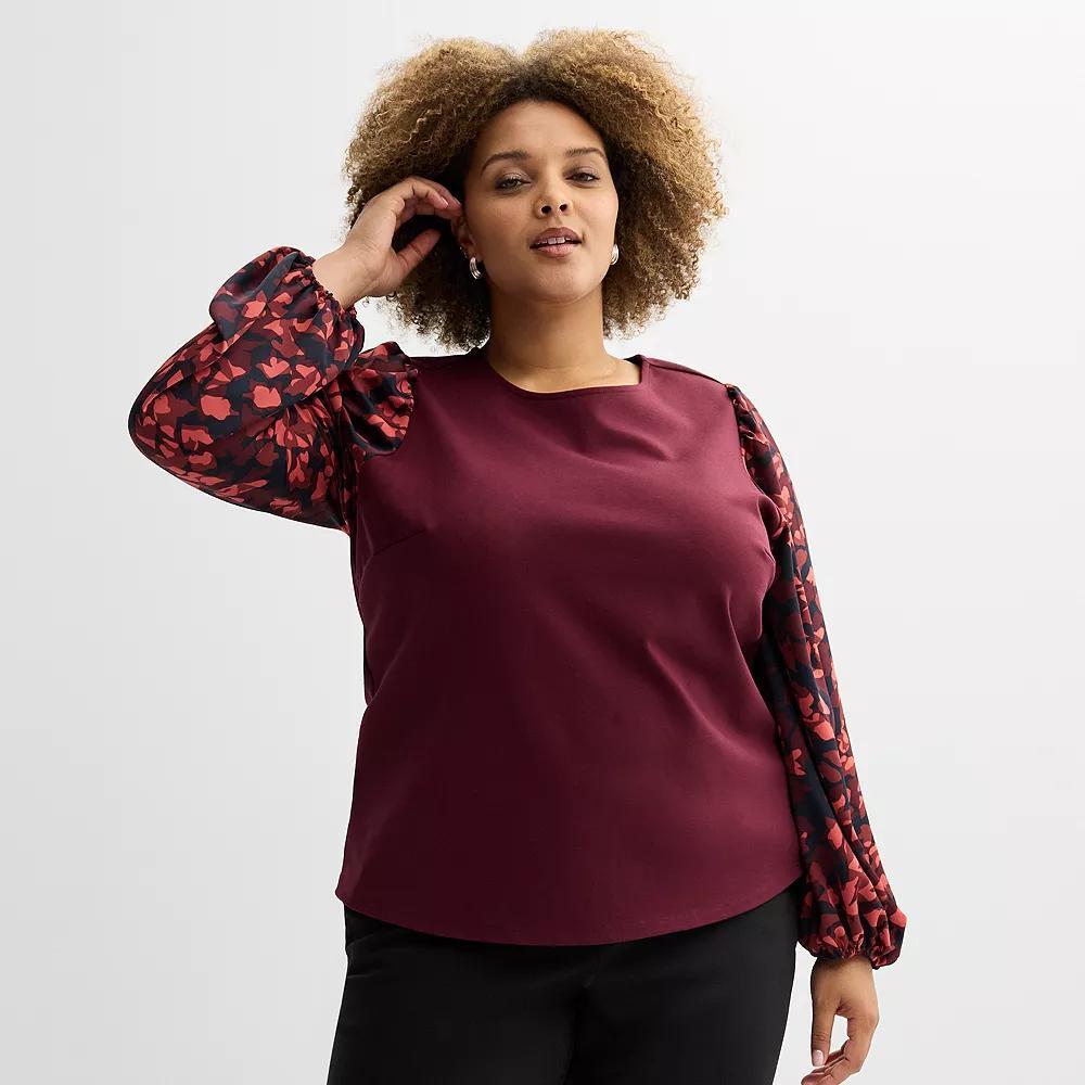 Plus Size Nine West Mixed Long Puff Sleeve Crewneck Top, Women's, Size: 2XL, Black Bold Leaf Product Image