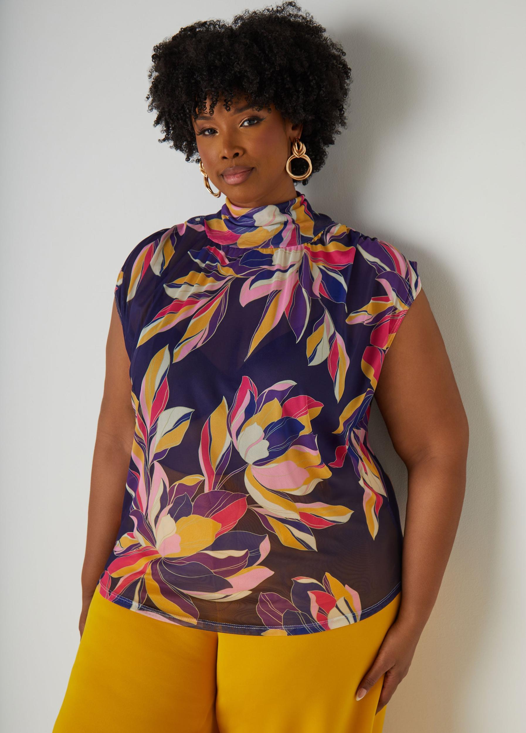 Printed Mesh Mock Neck Top Product Image