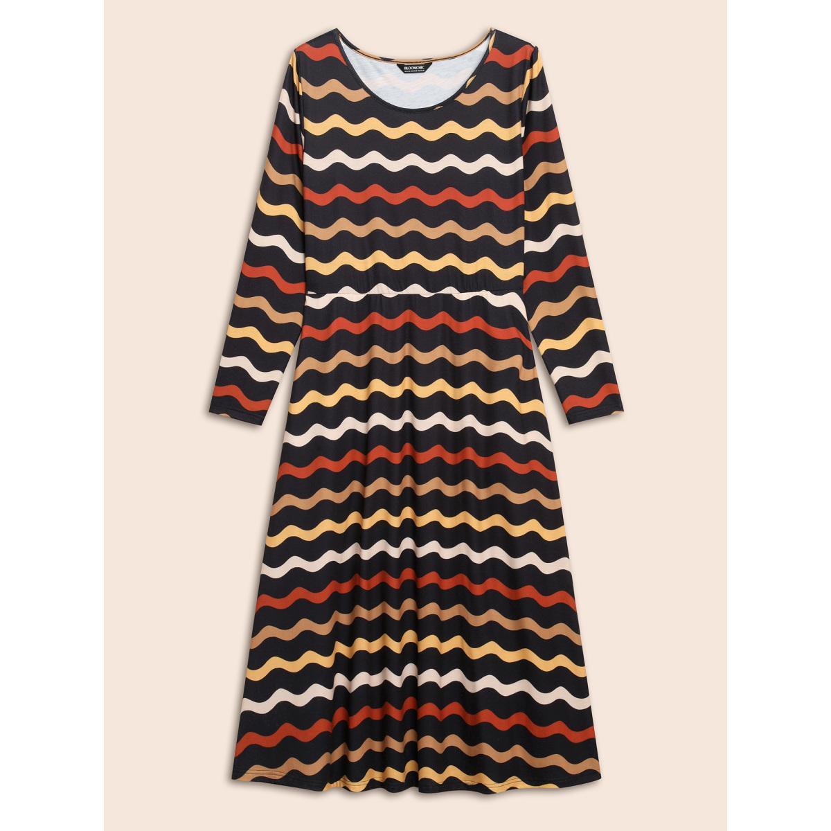 Plus Size Round Neck Contrast Striped Midi Dress BlackFlower Women Elegant Contrast Round Neck Long Sleeve Curvy BloomChic 30/6X Product Image