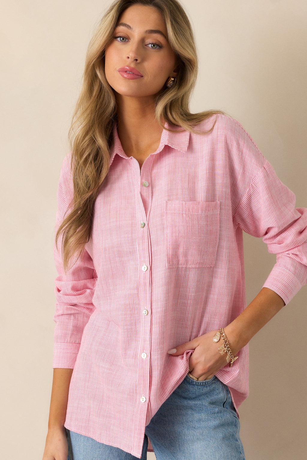 What Do You Mean Porcelain Rose Stripe Button Front Blouse Product Image