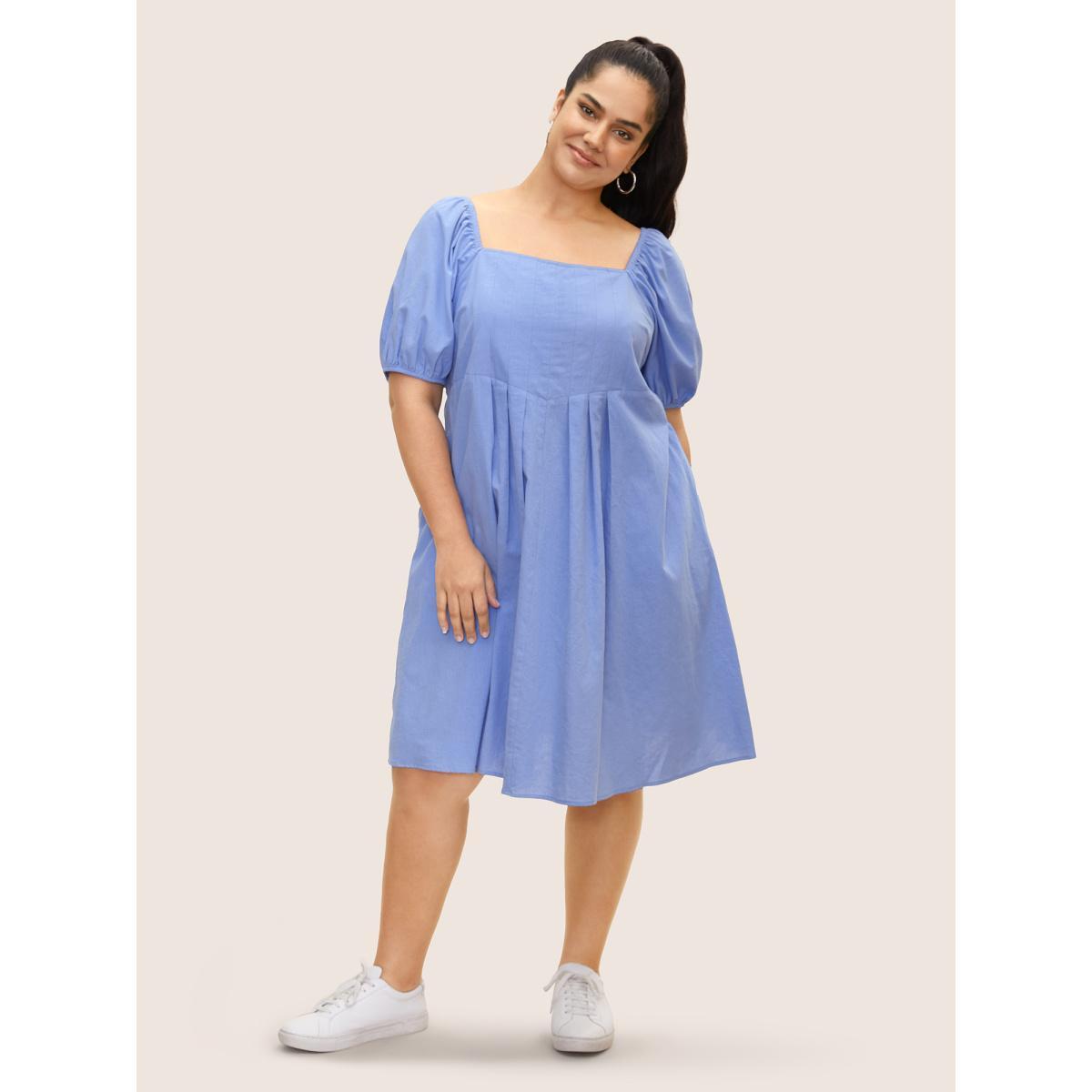 Plus Size Square Neck Plain Pleated Puff Sleeve Dress Stone Women Casual Square Neck Short sleeve Curvy BloomChic 10/M Product Image