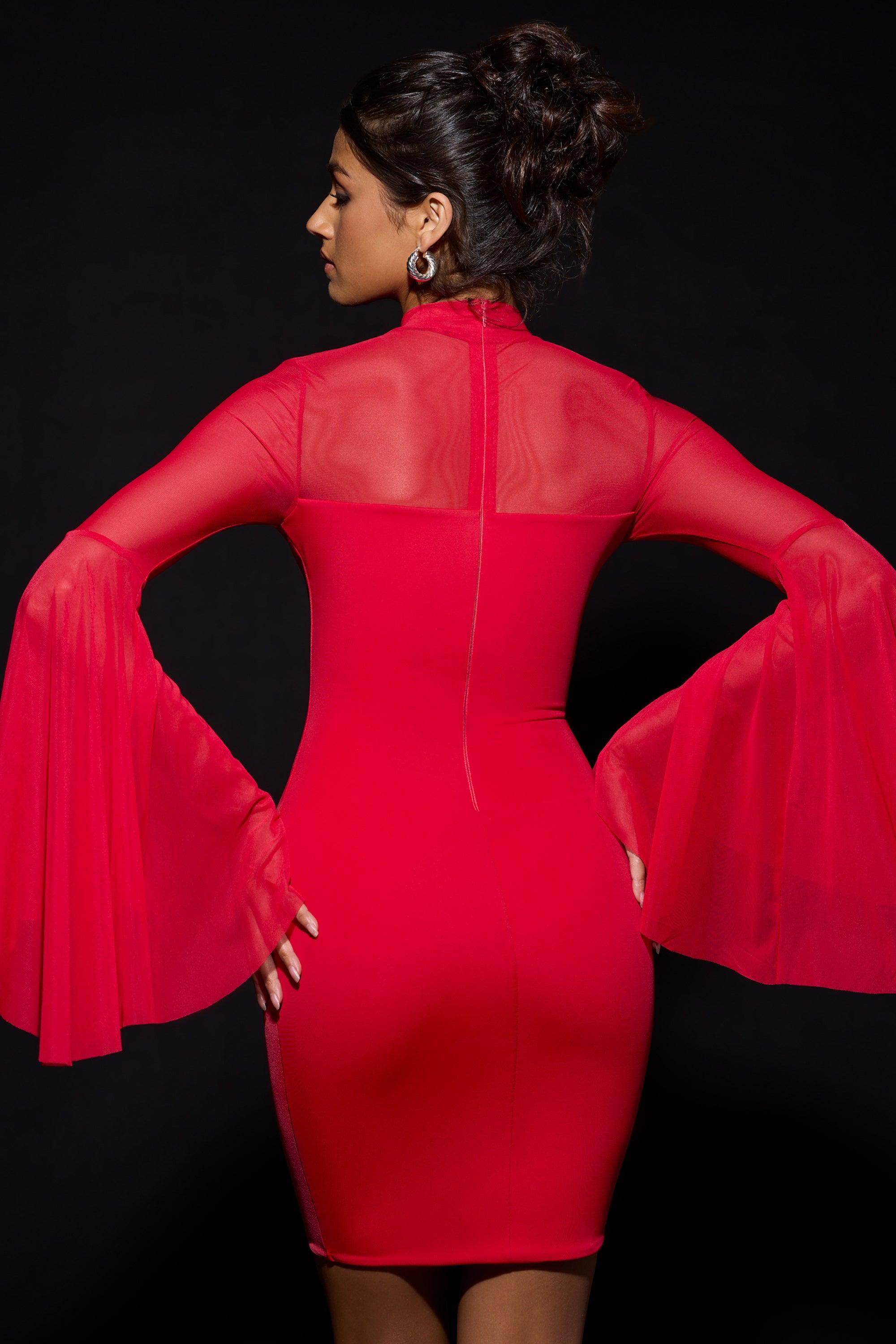 Waterfall-Sleeve Mini Dress in Fire Red Product Image