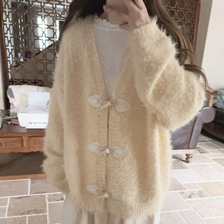 Long Sleeve V-Neck Toggle Button Fluffy Cardigan Product Image