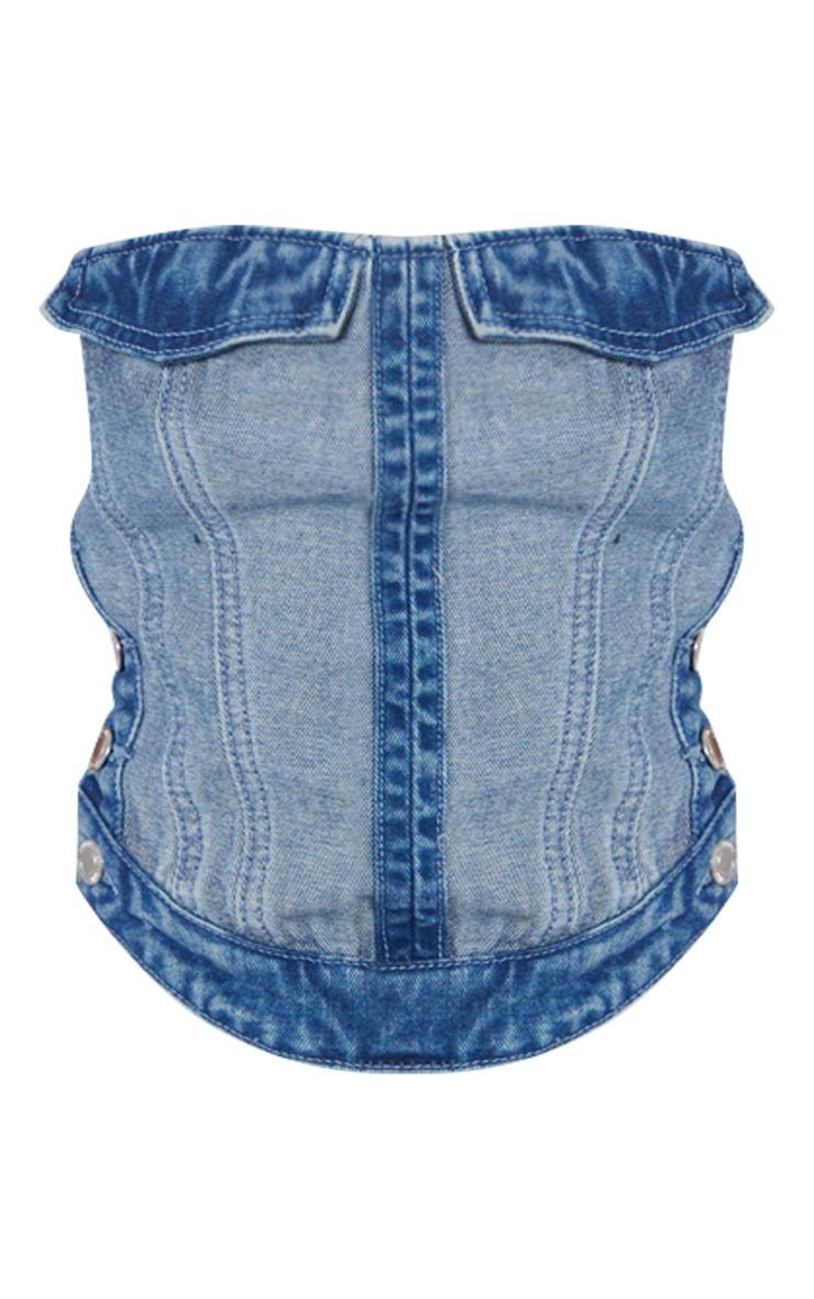 Petite Mid Blue Wash Denim Corset Top With Button Detailing Product Image