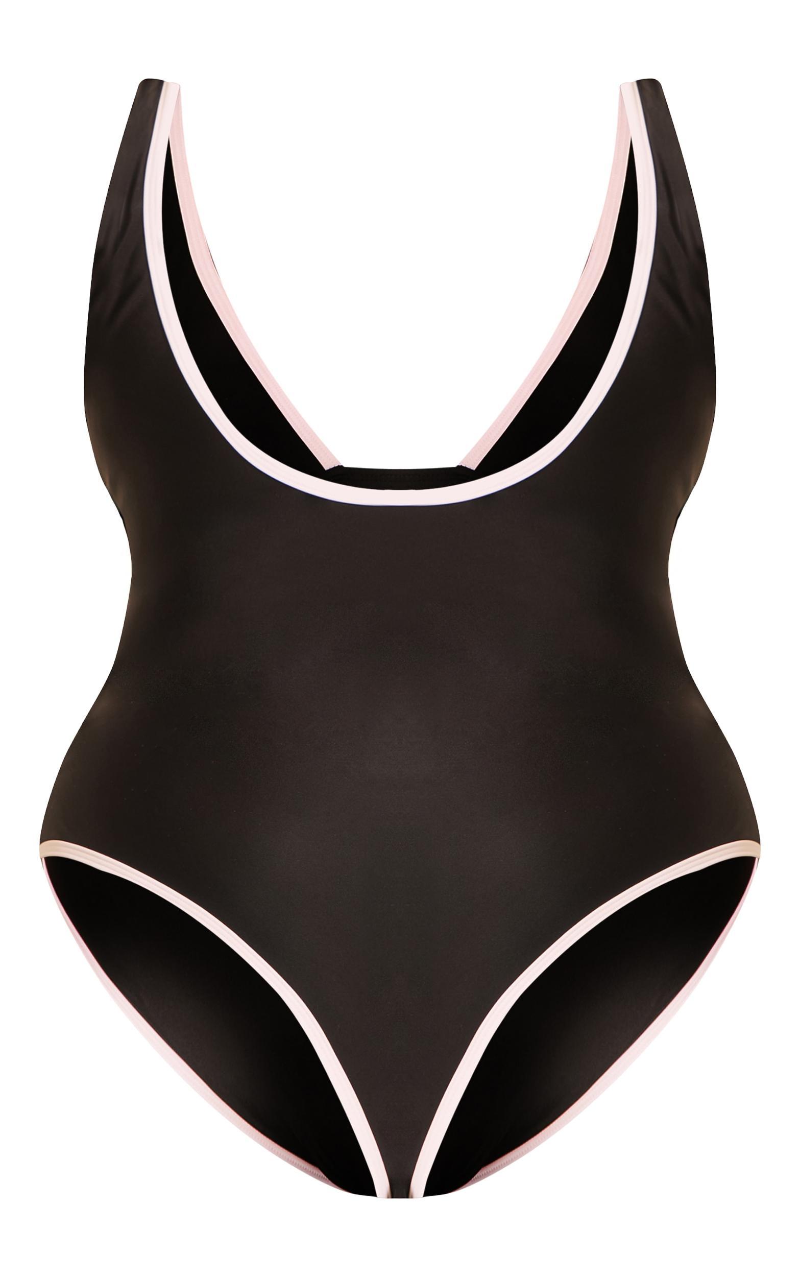 Plus Black Contrast Binding Plunge Ruched Swimsuit Product Image