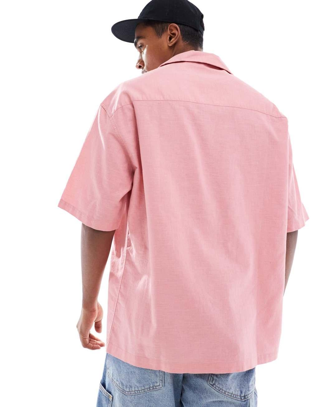 ASOS DESIGN 90s oversized linen blend shirt with deep camp collar in pink Product Image