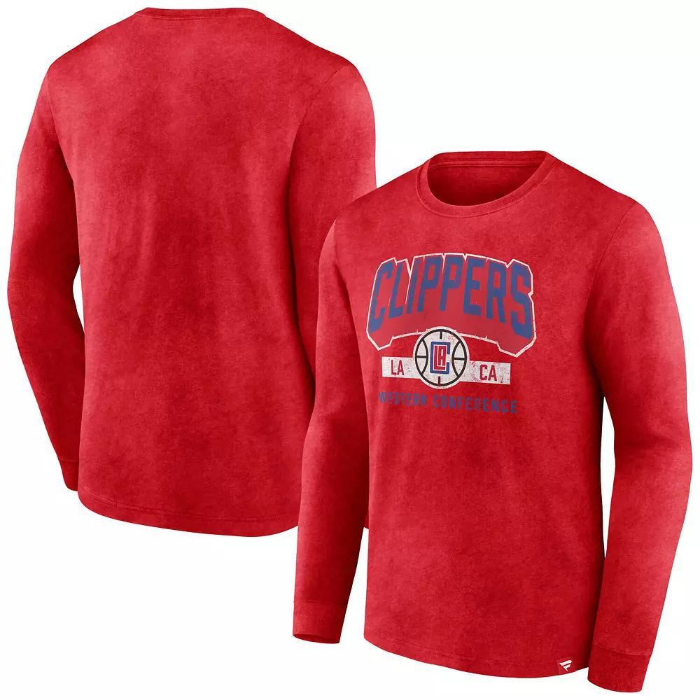 Men's Fanatics Branded Heather Red LA Clippers Front Court Press Snow Wash Long Sleeve T-Shirt,  Product Image
