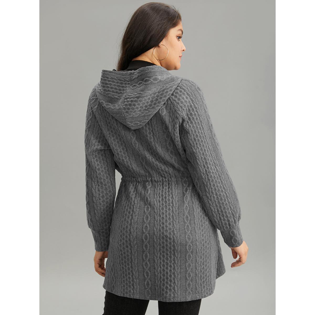 Plus Size Cable Knit Zipper Hooded Drawstring Coat Women DimGray Casual Texture Ladies Dailywear Winter Coats BloomChic 12/L Product Image