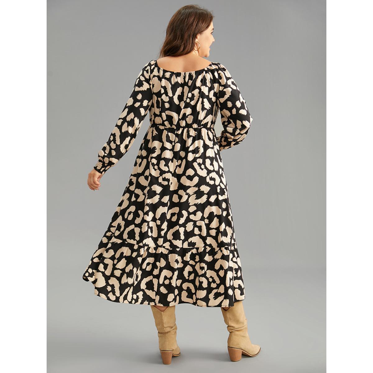 Plus Size Leopard Shirred Square Neck Lantern Sleeve Dress Black Women At the Office Printed Square Neck Long Sleeve Curvy Midi Dress BloomChic 18-20/2X Product Image