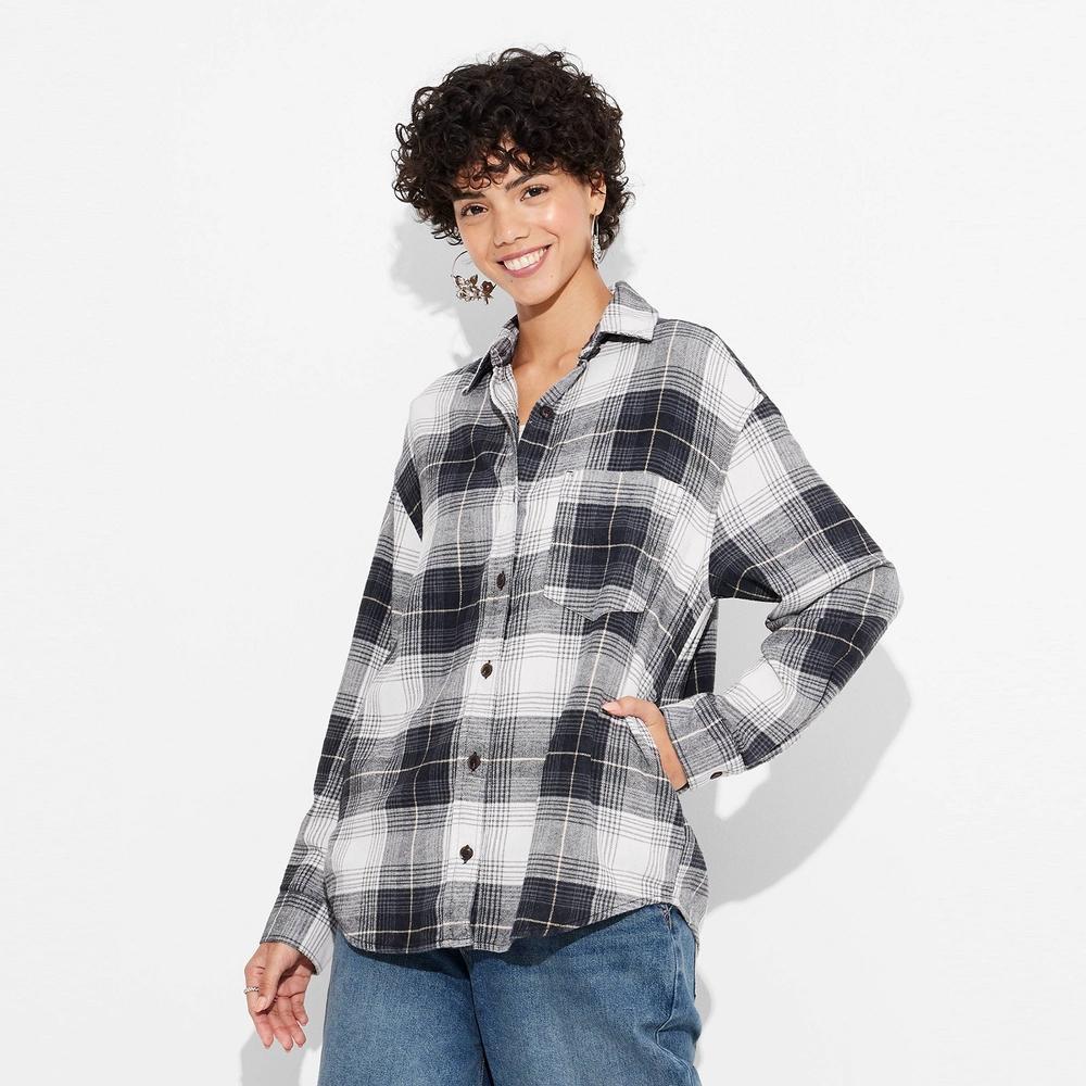 Womens Long Sleeve Oversized Flannel Button-Down Shirt - Wild Fable Black Plaid L Product Image