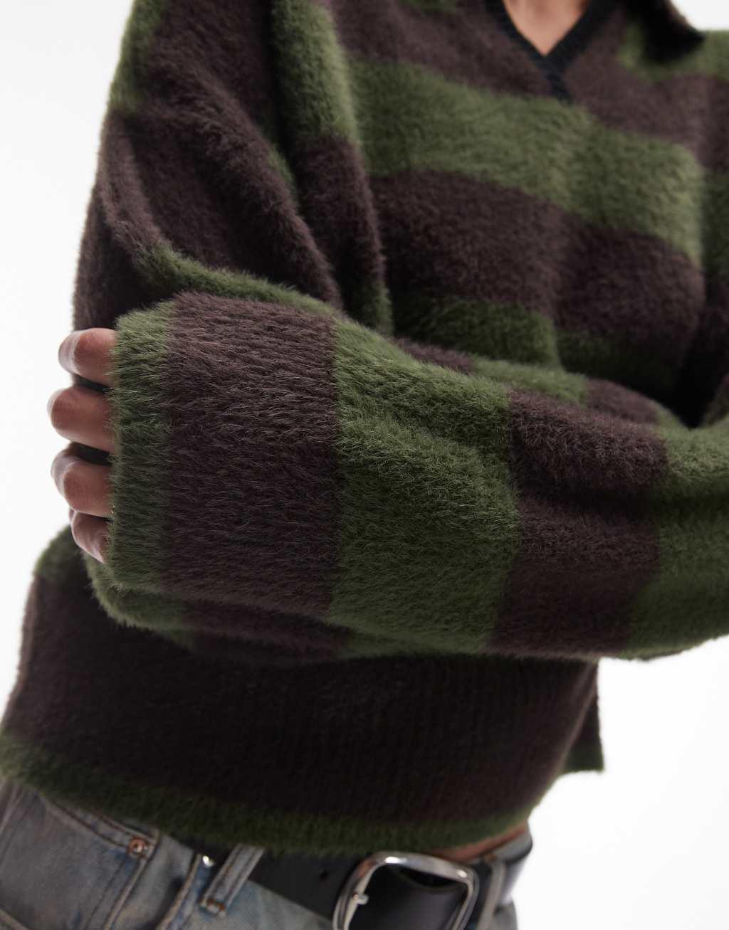 topshop knitted fluffy stripe relaxed polo in gray and green Product Image