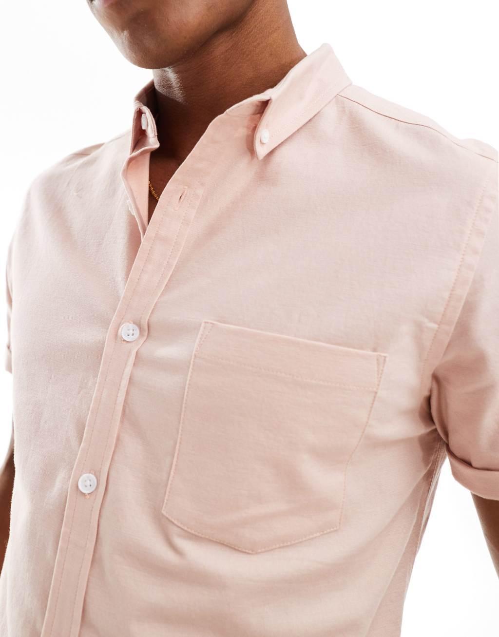 ASOS DESIGN short sleeve slim fit oxford shirt in light pink Product Image