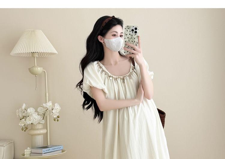 Maternity Short Sleeve Round Neck Shell Detail Maxi A-Line Dress Product Image