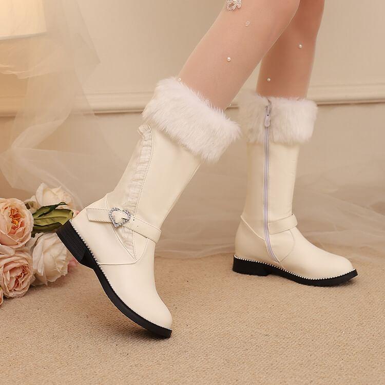 Low Heel Frill Trim Heart Buckled Faux Leather Mid-Calf Boots Product Image