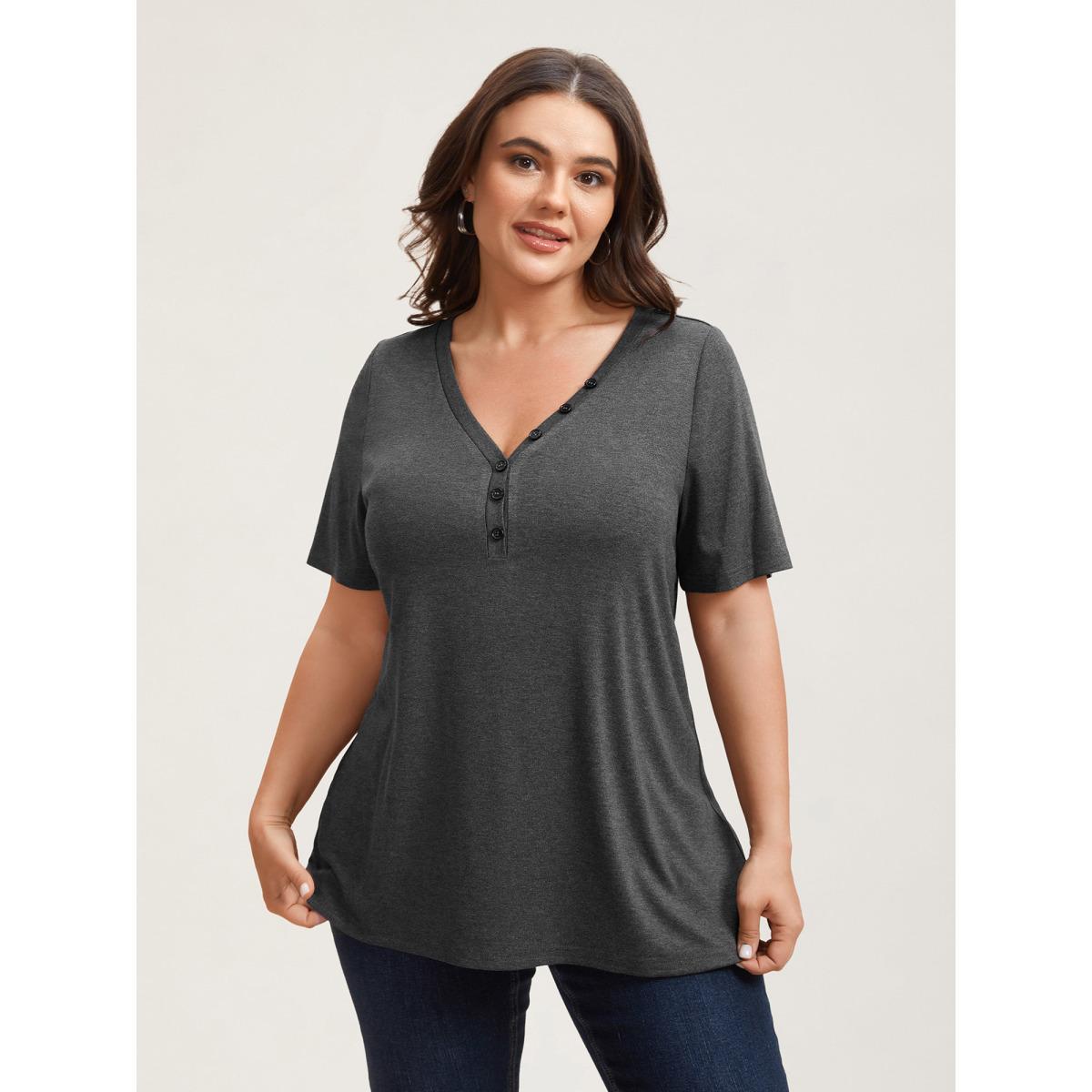 Plus Size Adjustable Neck Coverage Button Placket T-Shirt DimGray Women Leisure Button V-neck Casual T-shirts BloomChic 26/4X Product Image
