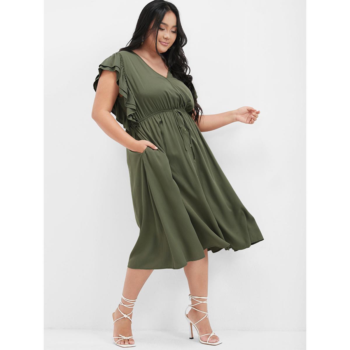 Plus Size Solid Ruffles Button Ties Pocket Midi Dress ArmyGreen Women Elegant Plain V-neck Cap Sleeve Curvy Knee Dress BloomChic 18-20/2X Product Image