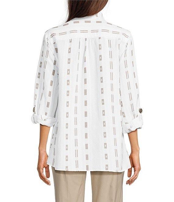 Ali Miles Stripe Dotted Geometric Linen Blend Wire Collar 3/4 Roll-Tab Sleeve Tunic Product Image