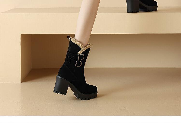 Chunky Heel Fleece-Lined Buckled Short Boots Product Image