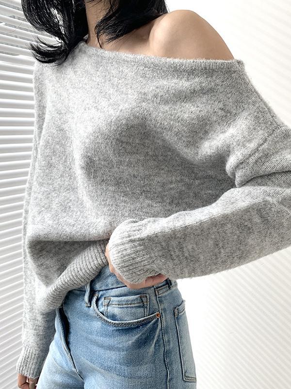 Casual Loose Long Sleeves Solid Color Off-The-Shoulder Sweater Tops Product Image