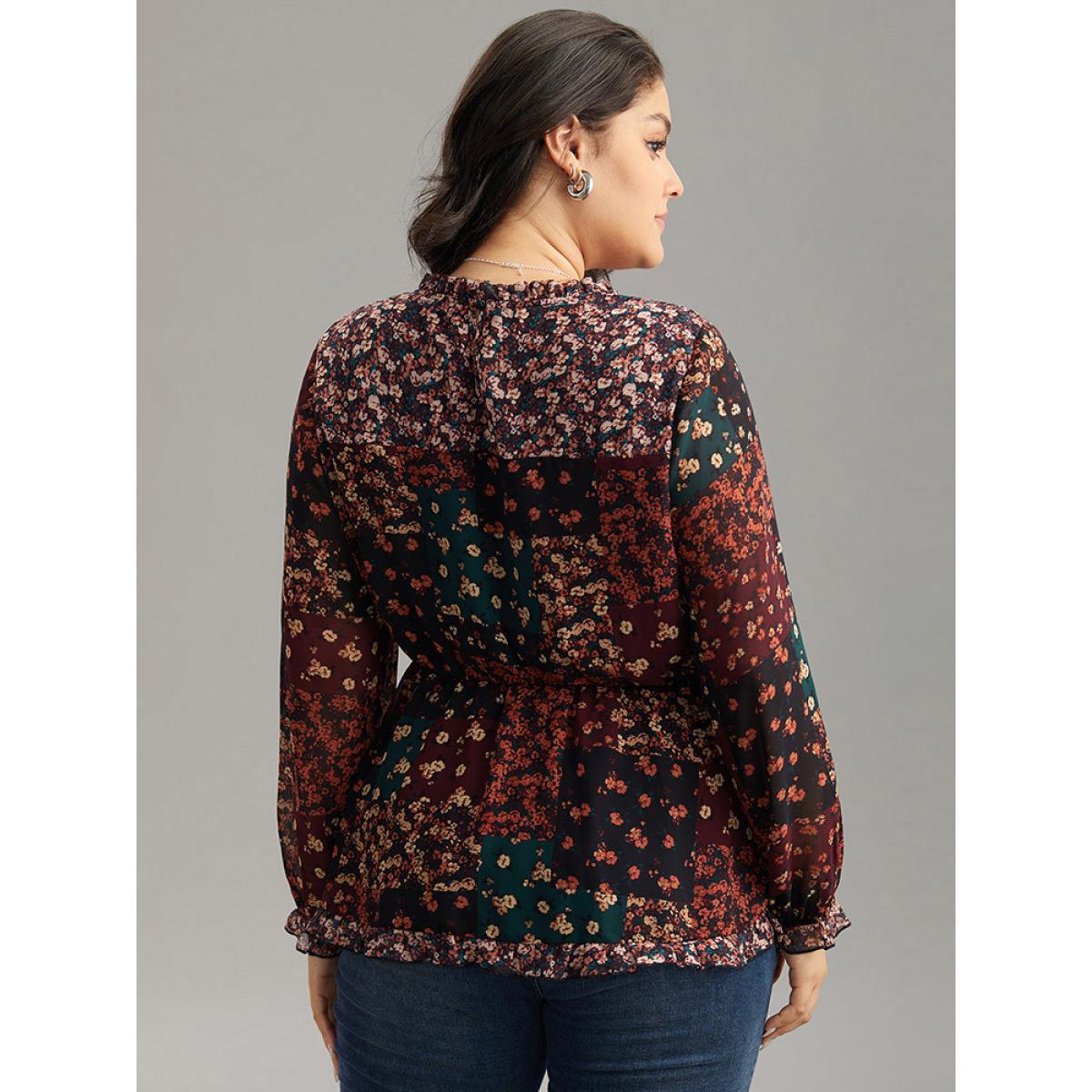 Plus Size BlackFlower Ditsy Floral Shirred Patchwork Frill Trim Gathered Blouse Women Elegant Long Sleeve Stand-up collar Everyday Blouses BloomChic 10/M Product Image