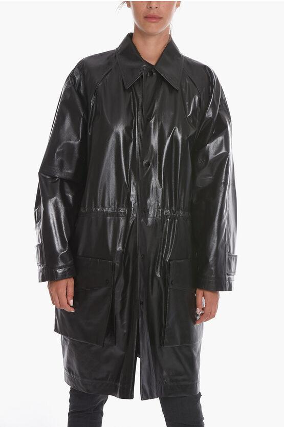 BOTTEGA VENETA Leather Shiny Coat With Drawstring In Black Product Image