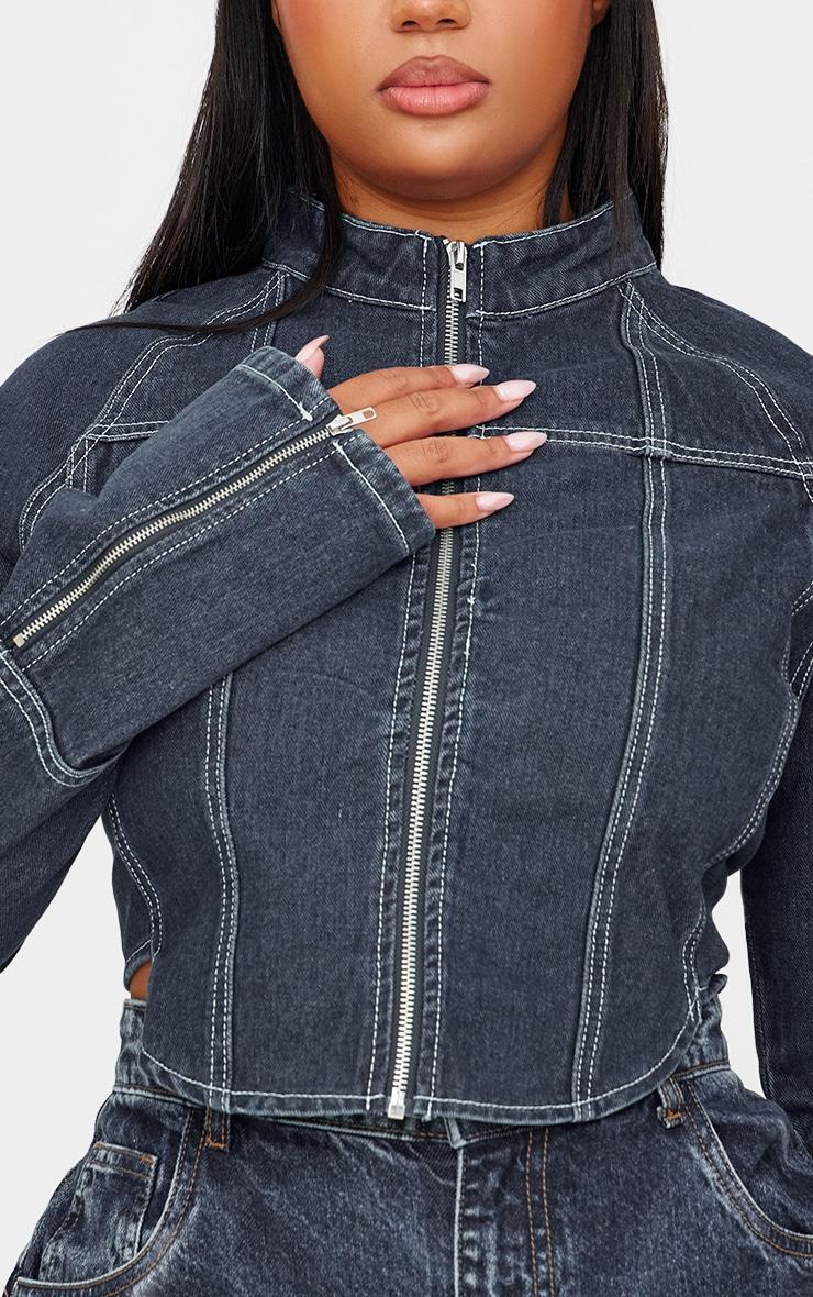 Plus Indigo Blue Wash Zip Up Cuff Detail Denim Jacket Product Image