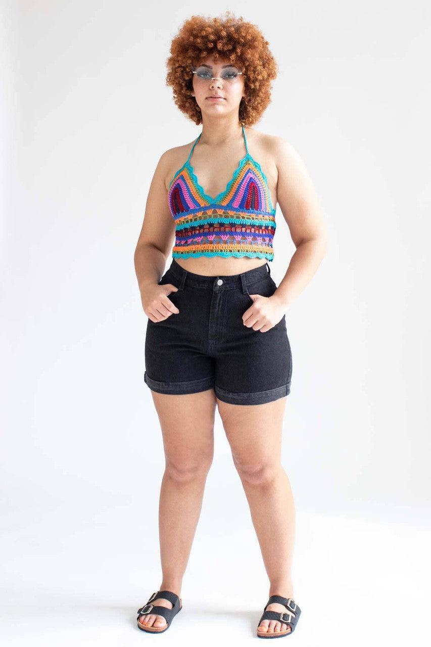 Teal Multicolor Crochet Halter Crop Product Image