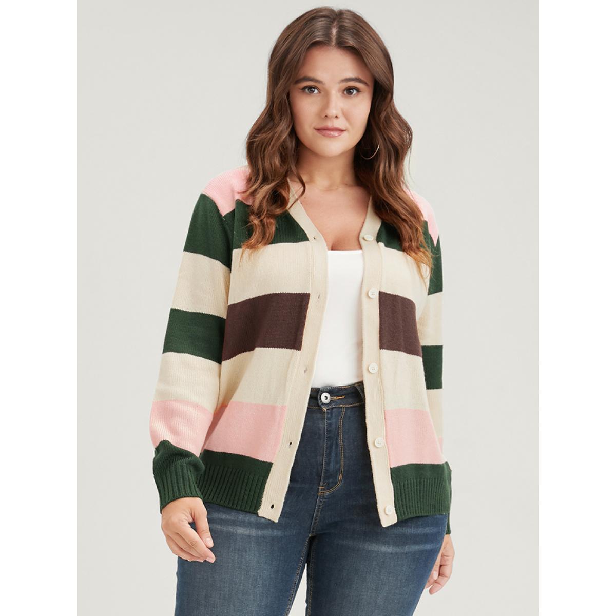Plus Size Striped Colorblock Contrast Pointelle Knit Button Front Cardigan Beige Women Casual Long Sleeve Dailywear Cardigans BloomChic 28/5X Product Image