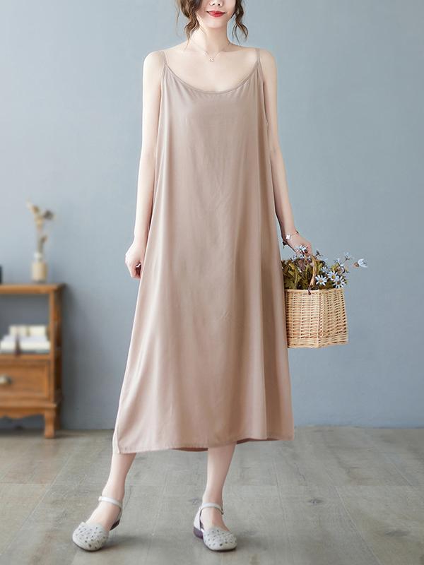 Loose Sleeveless Solid Color Spaghetti-Neck Midi Dresses Product Image