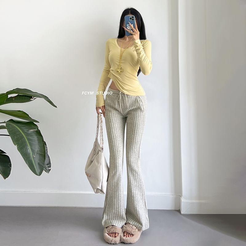 Drawstring Waist Plain Ribbed Flared Pants Product Image