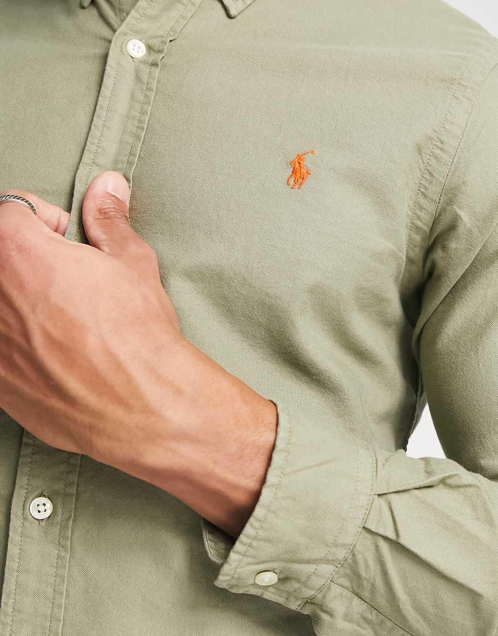 Polo Ralph Lauren icon logo slim fit garment dyed oxford shirt button down in dark green Product Image