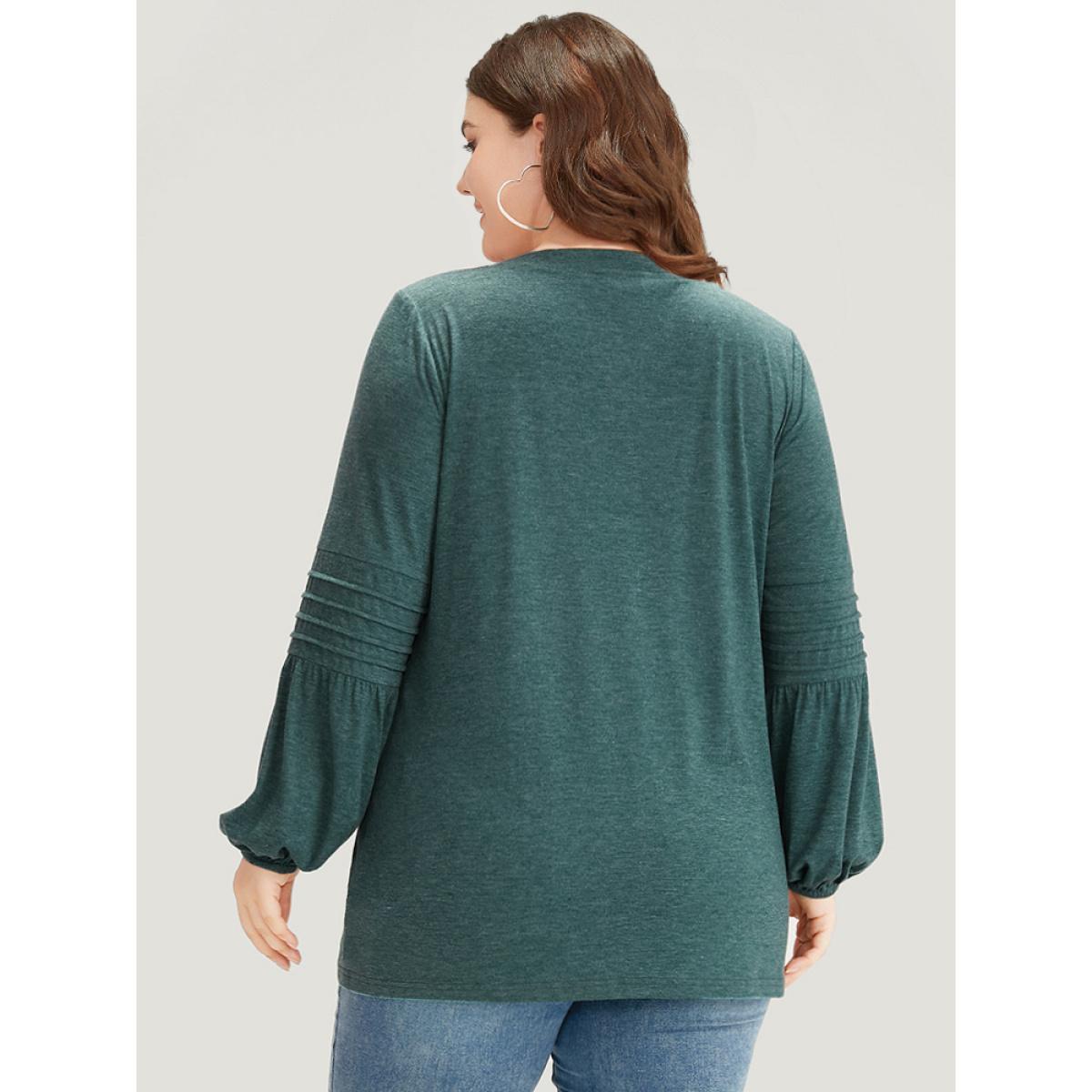 Plus Size Plain V Neck Gathered Elastic Waist Pleated T-shirt DarkGreen Women Elegant Elastic cuffs Plain V-neck Dailywear T-shirts BloomChic 30/6X Product Image