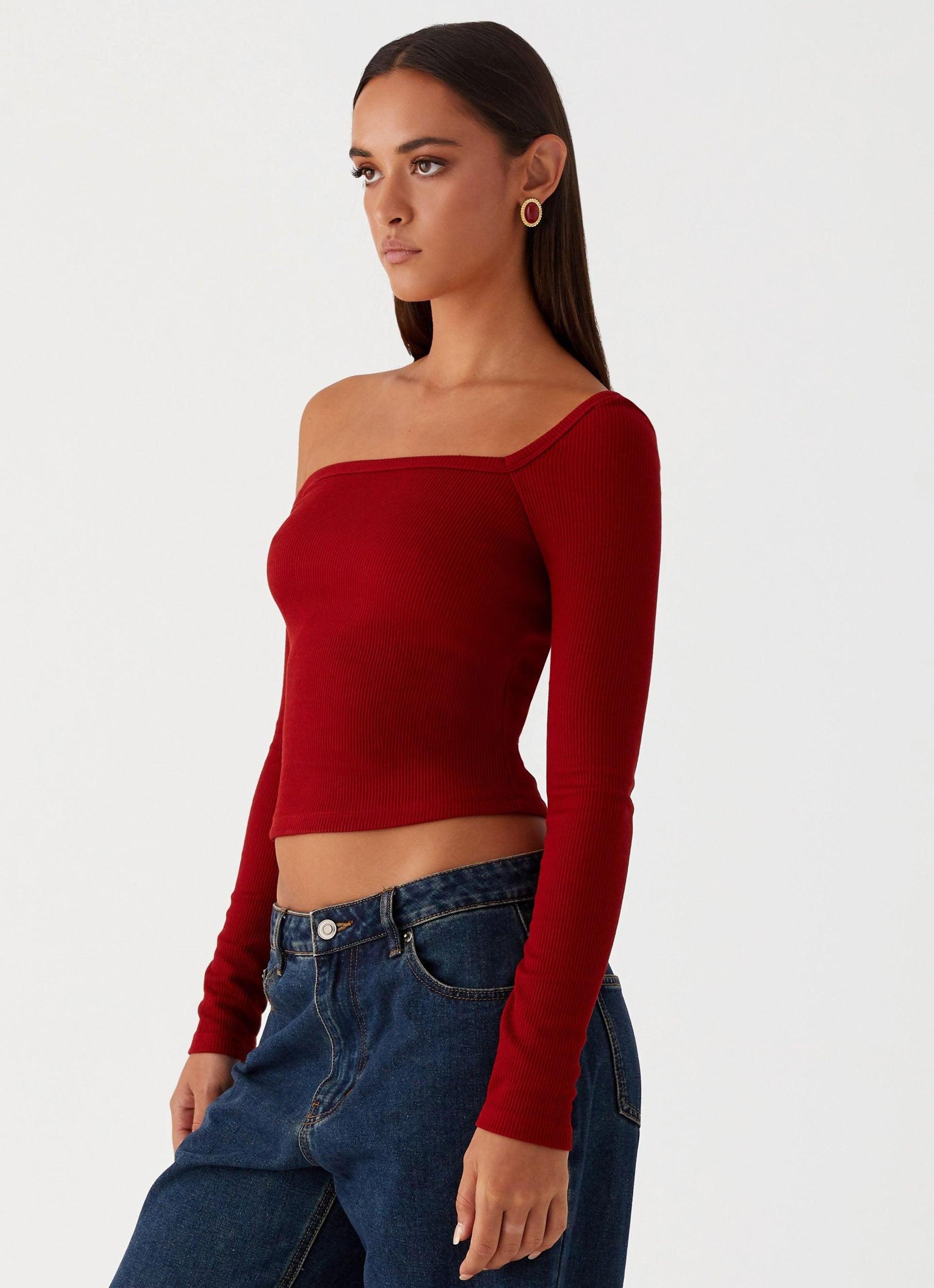 Talia Asymmetric Long Sleeve Top - Red Product Image