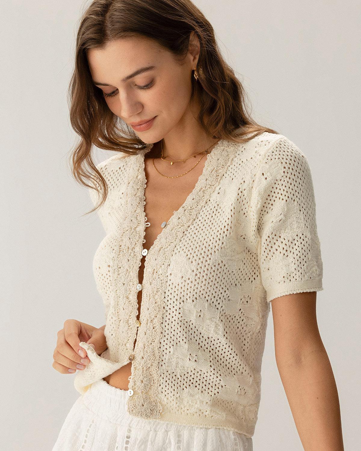 Beige Crochet Textured Cropped Cardigan Product Image