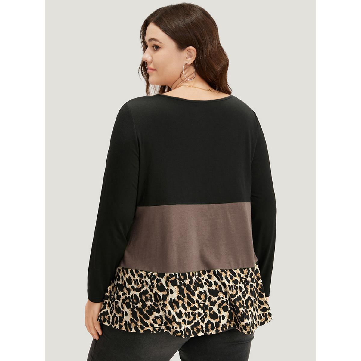 Plus Size Colorblock Leopard Contrast Round Neck T-shirt Chocolate Women Casual Contrast Leopard Round Neck Everyday T-shirts BloomChic 18-20/2X Product Image