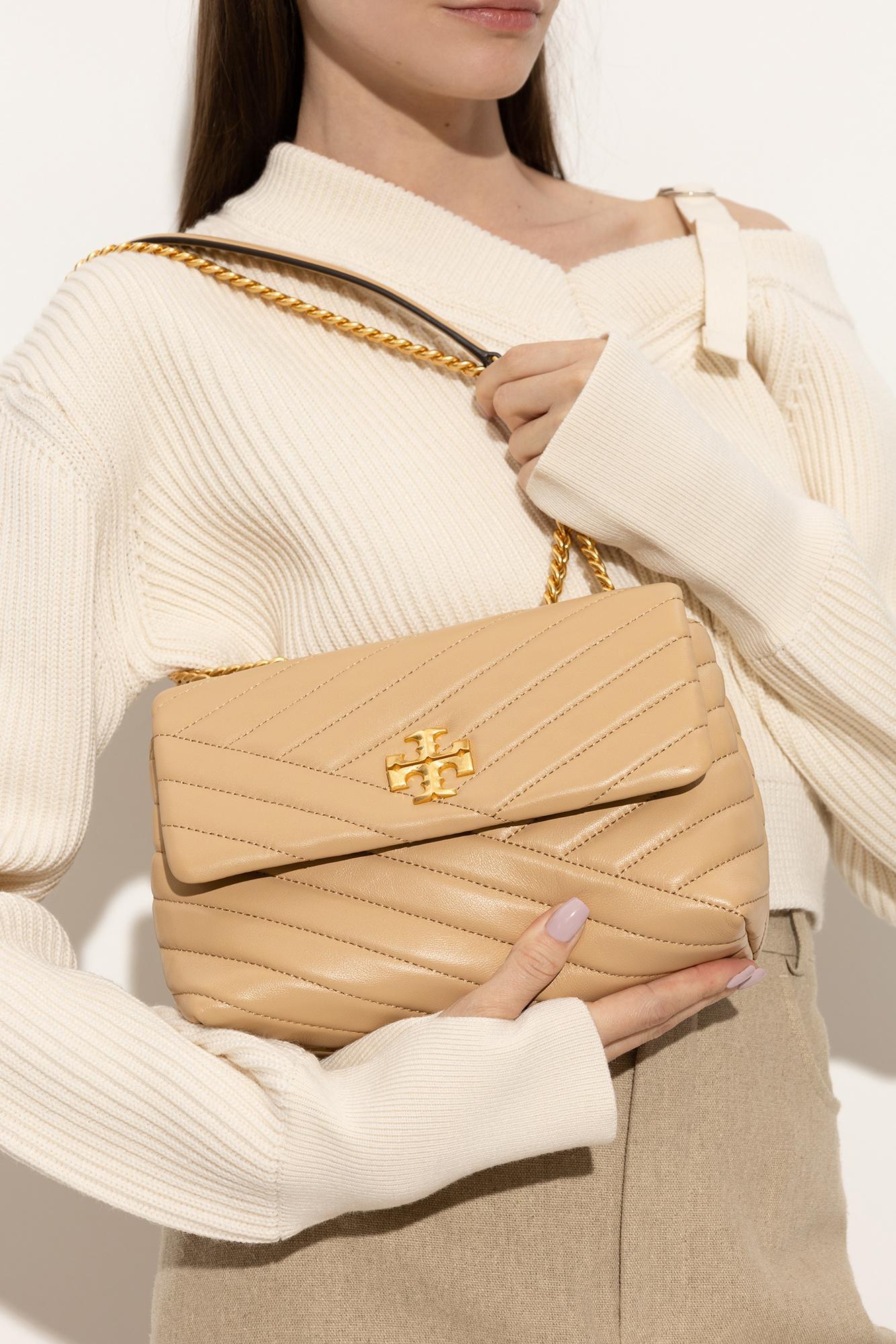 TORY BURCH Kira Chevron Small Convertible Leather Shoulder Bag In Beige Product Image