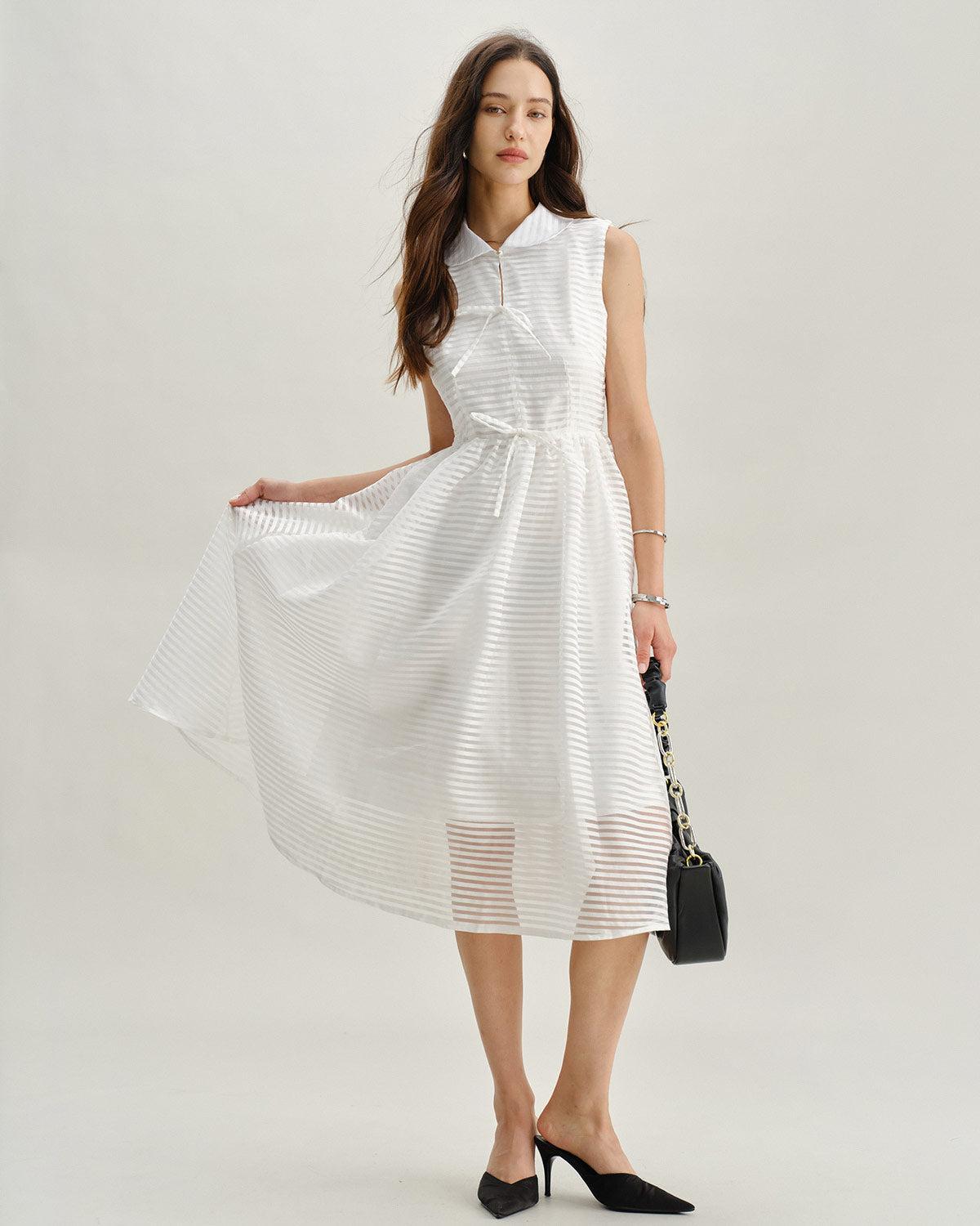 White Striped Sleeveless Midi Dress Product Image