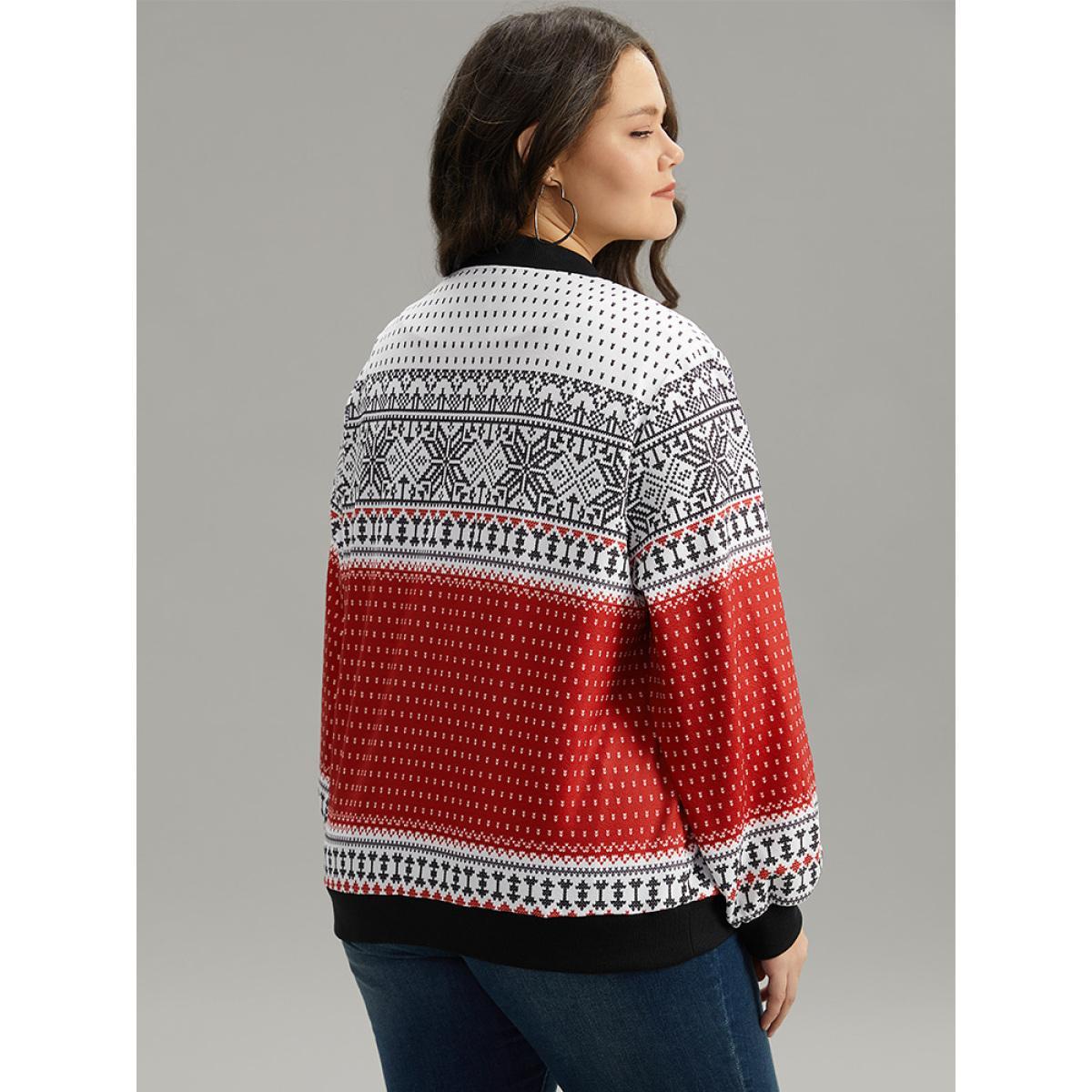 Plus Size Christmas Patchwork Zipper Contrast Jacket Women Red Elastic cuffs Dailywear Jackets BloomChic 12/L Product Image