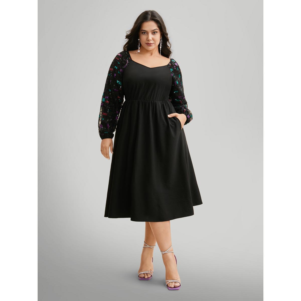 Plus Size Heart Neckline Sequin Mesh Patchwork Dress Black Women Cocktail Texture Party Curvy Bloomchic 22-24/3X Product Image