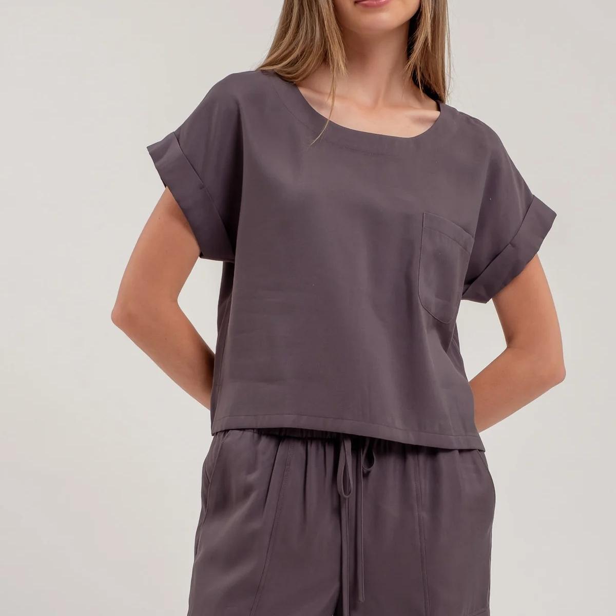 Solid Round Neck Short Cuff Sleeve Top Product Image