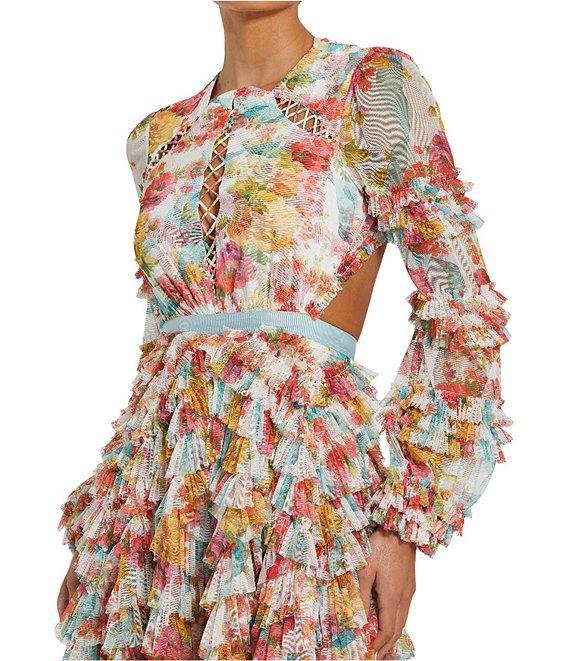 Mac Duggal Round Neck Cut Out Long Sleeve Tiered Ruffle Printed Chiffon Aline Midi Dress Product Image