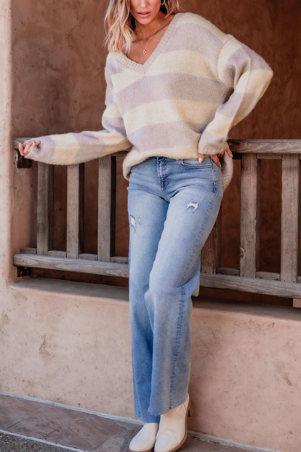 Lavender Striped V Neck Sweater - FINAL SALE Product Image