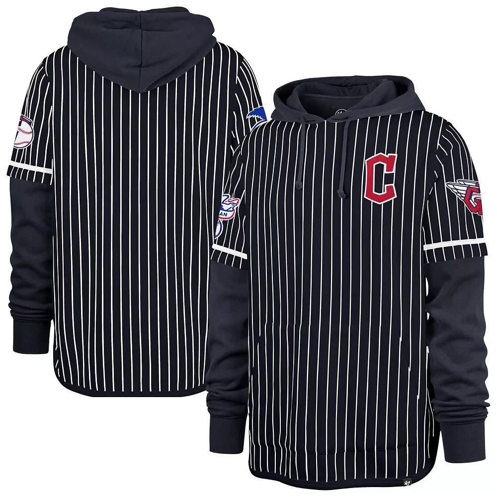 Men's '47  Navy Cleveland Guardians Pinstripe Double Header Pullover Hoodie, Size: XL, Grd Blue Product Image