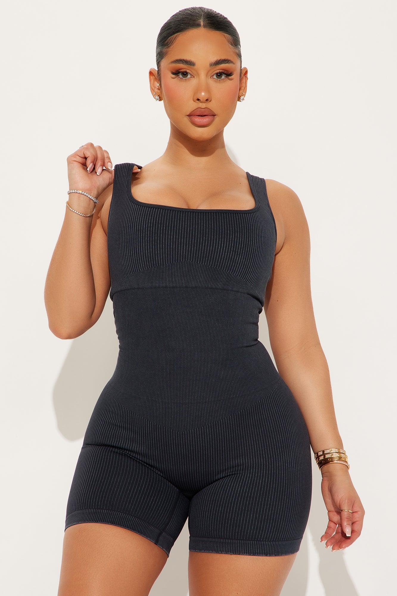 Tessa Washed Ribbed Active Romper - Black Product Image