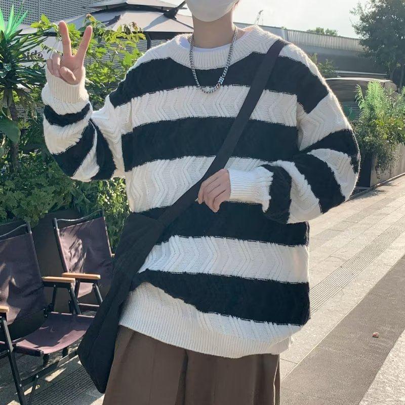 Crew Neck Striped Oversized Sweater Product Image