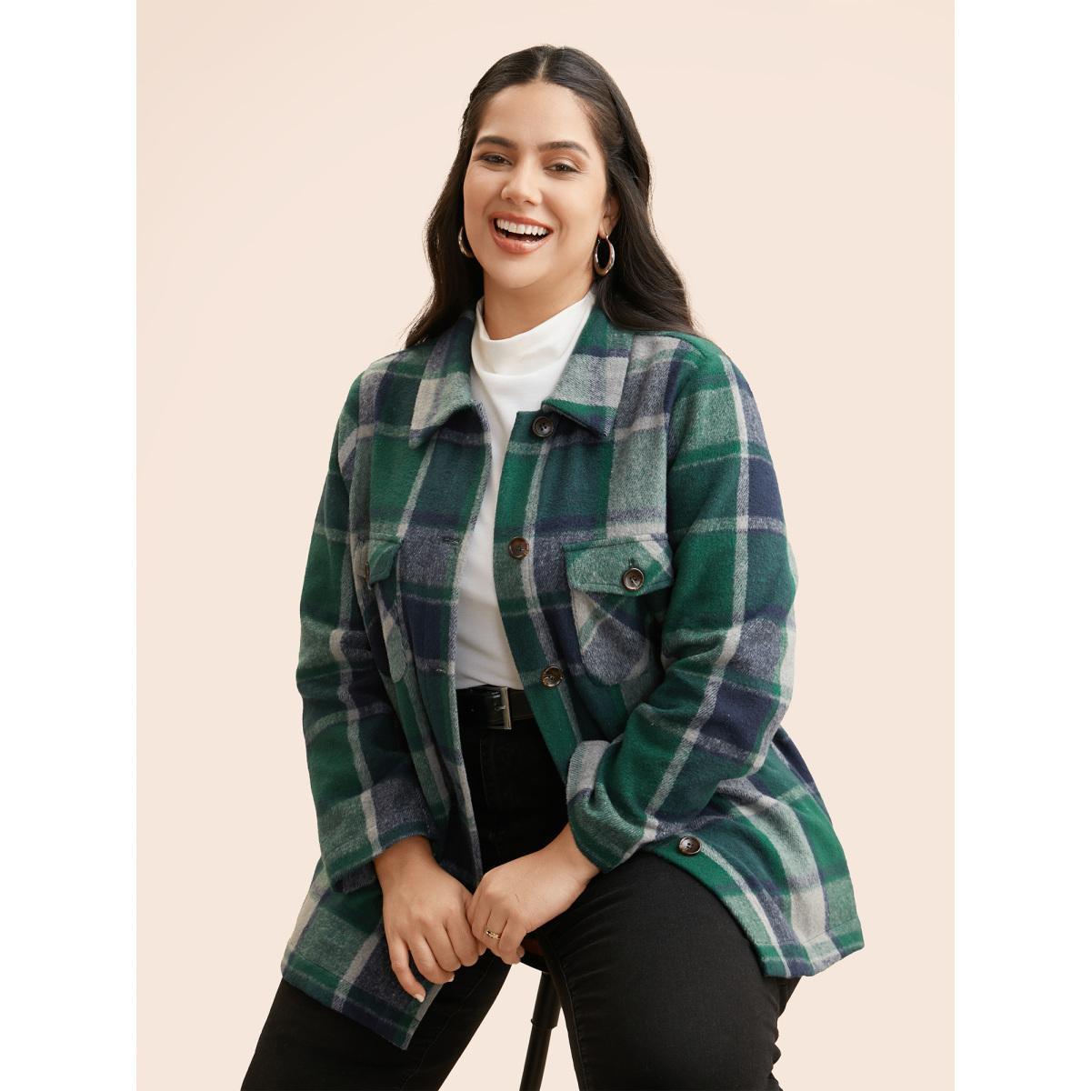 Plus Size Plaid Shirt Collar Patched Pocket Jacket Women DarkGreen Button Loose Slanted pocket Everyday Jackets BloomChic 28/5X Product Image